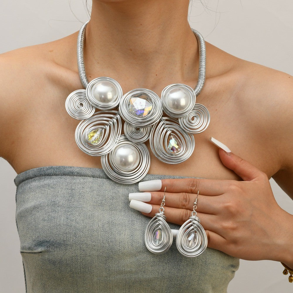 Spiral Pearl & Crystal Necklace Set
