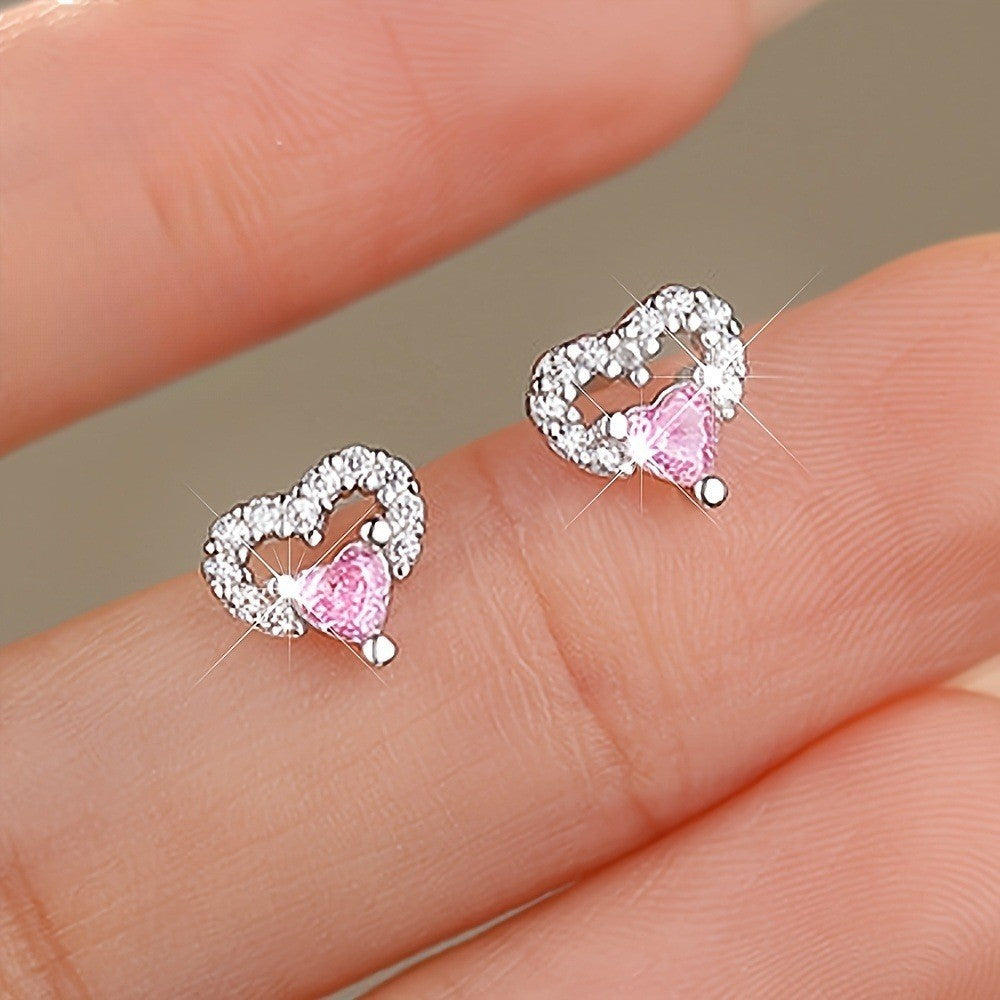 Pink Crystal Open Heart Stud Earrings