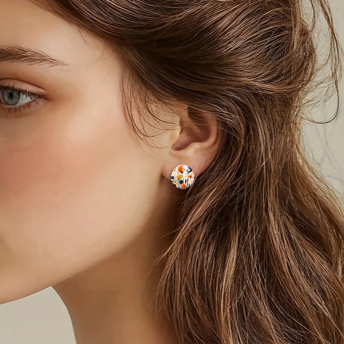 Orange Floral Glass Dome Stud Earrings