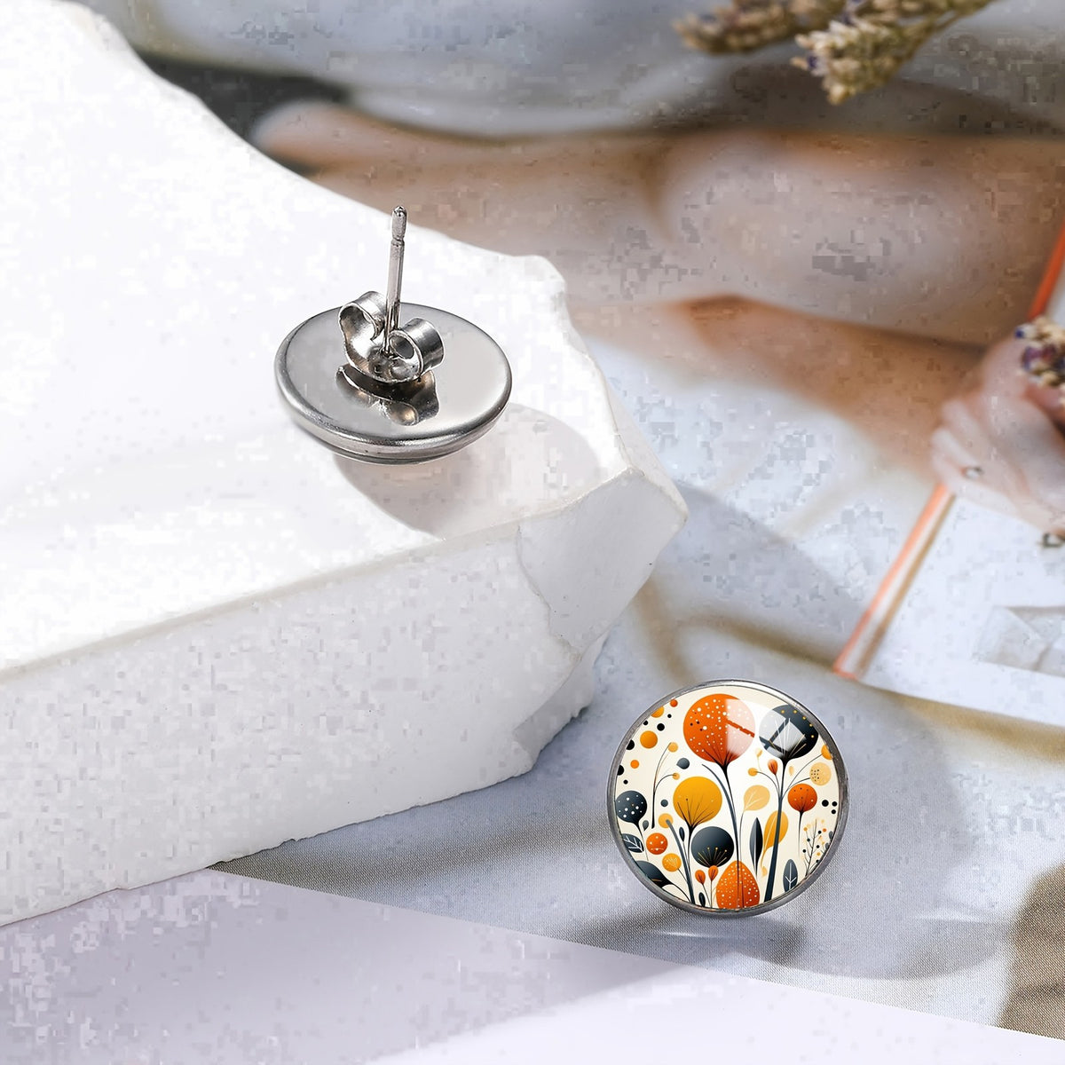 Orange Floral Glass Dome Stud Earrings