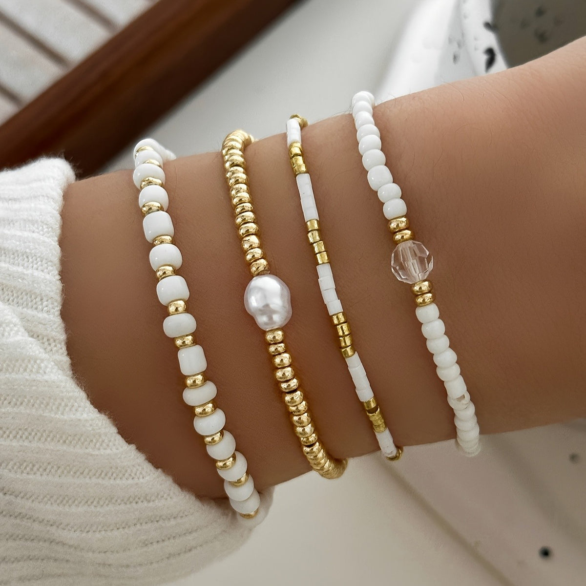 White Glass Bead & Gold Accent Bracelet Set