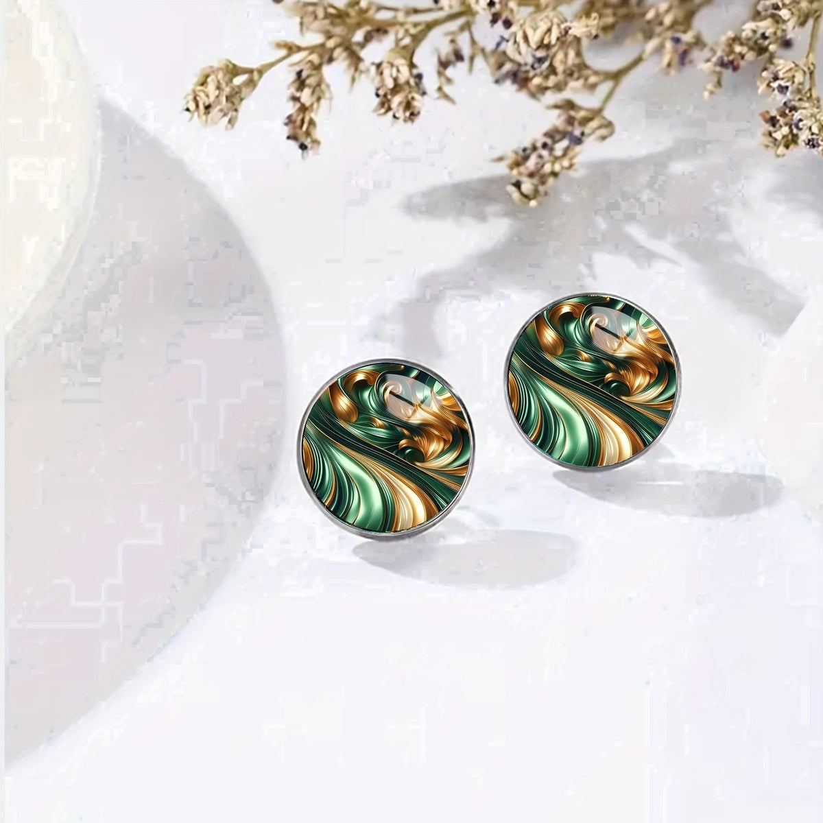 Green and Gold Marbled Wave Stud Earrings