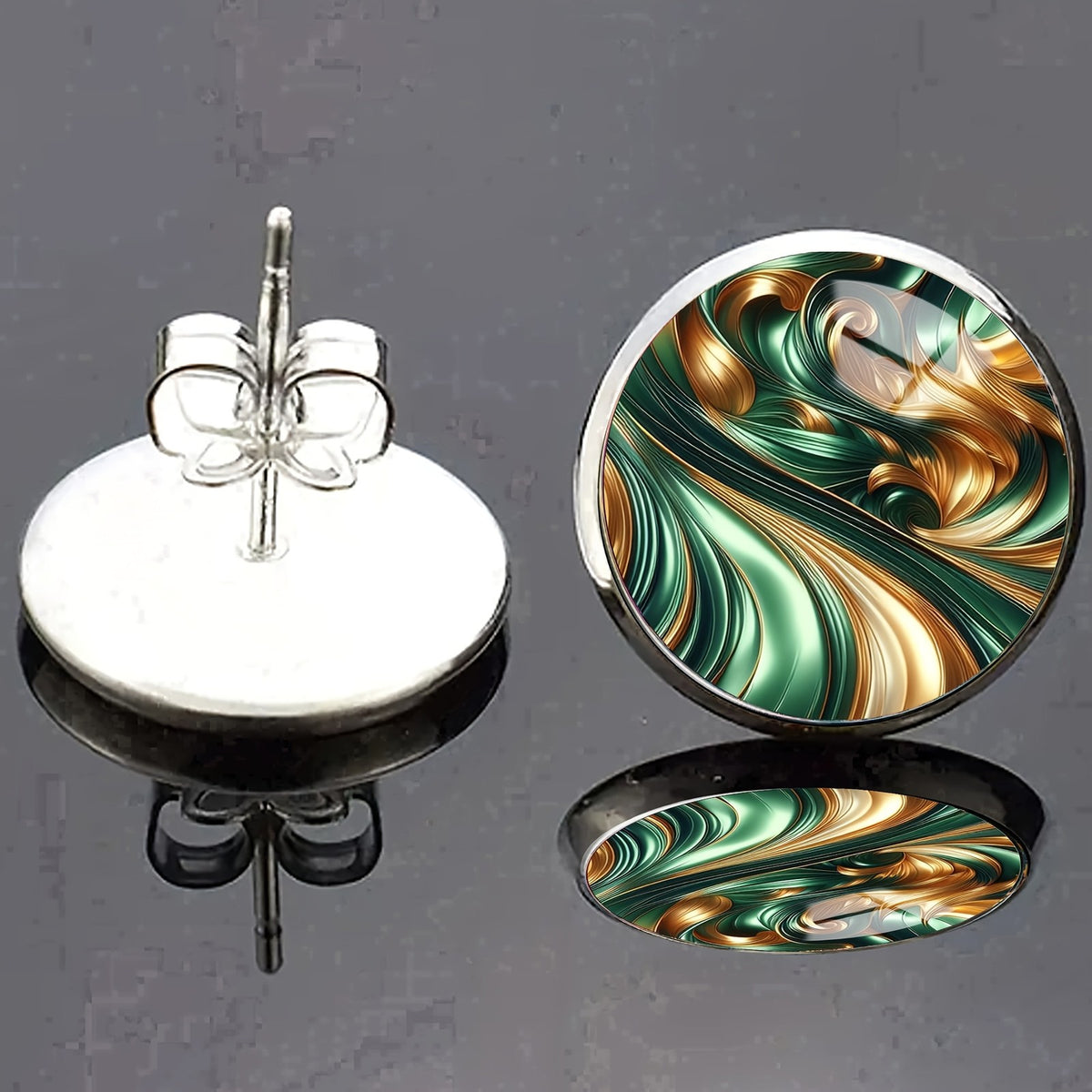 Green and Gold Marbled Wave Stud Earrings
