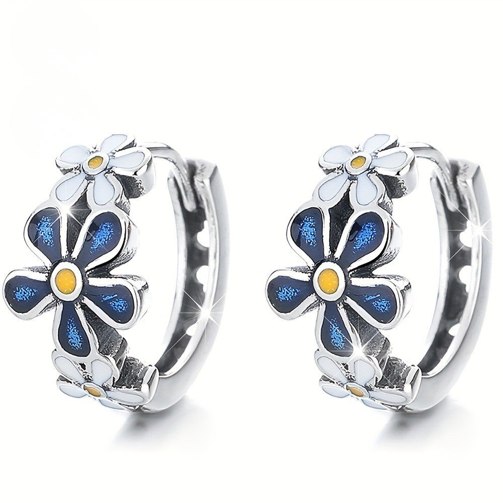 Blue Enamel Daisy Hoop Earrings