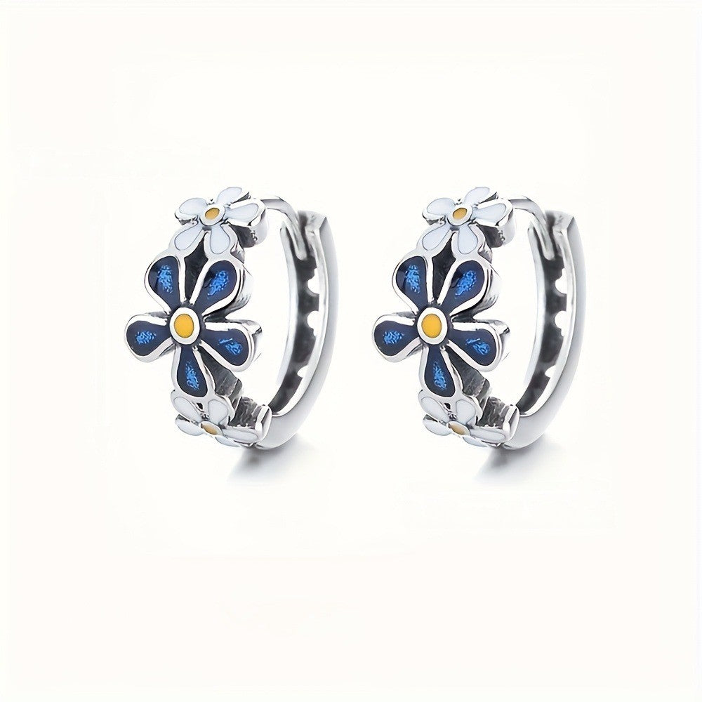 Blue Enamel Daisy Hoop Earrings