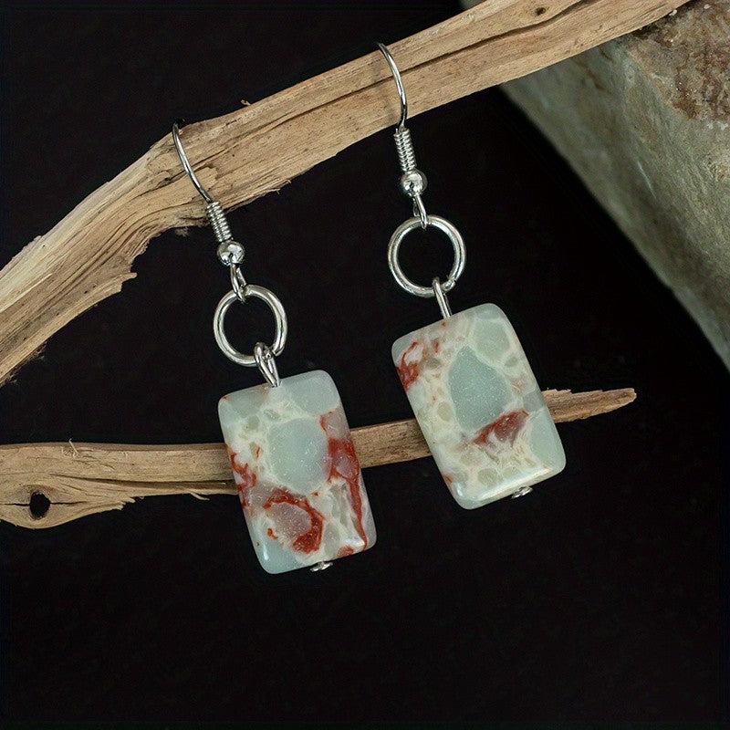 Red Marbled Rectangle Drop Earrings