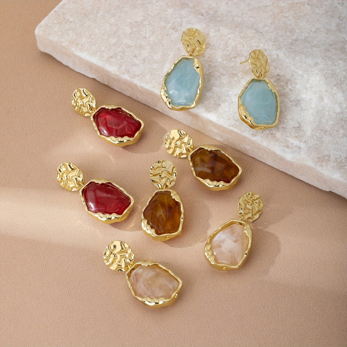 Hammered Disc & Stone Drop Earrings