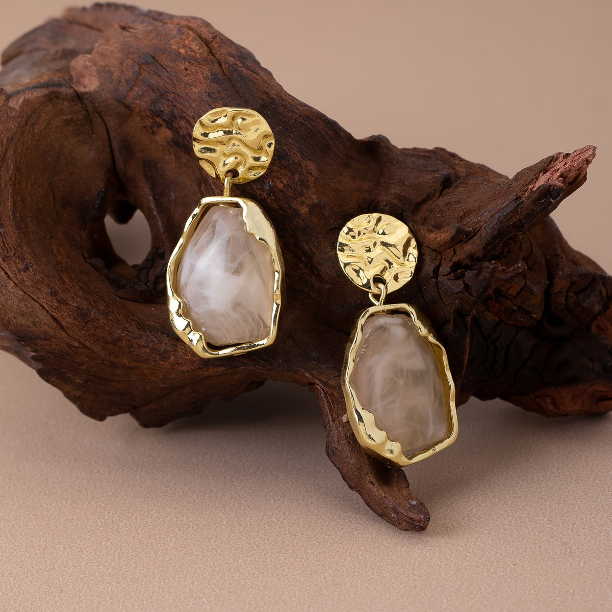 Hammered Disc & Stone Drop Earrings