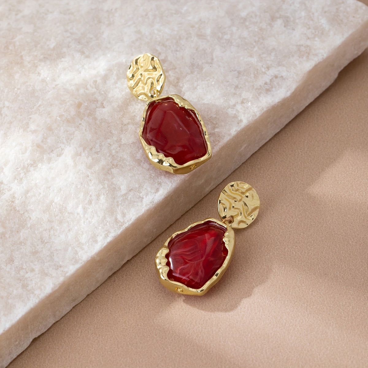 Hammered Disc & Stone Drop Earrings