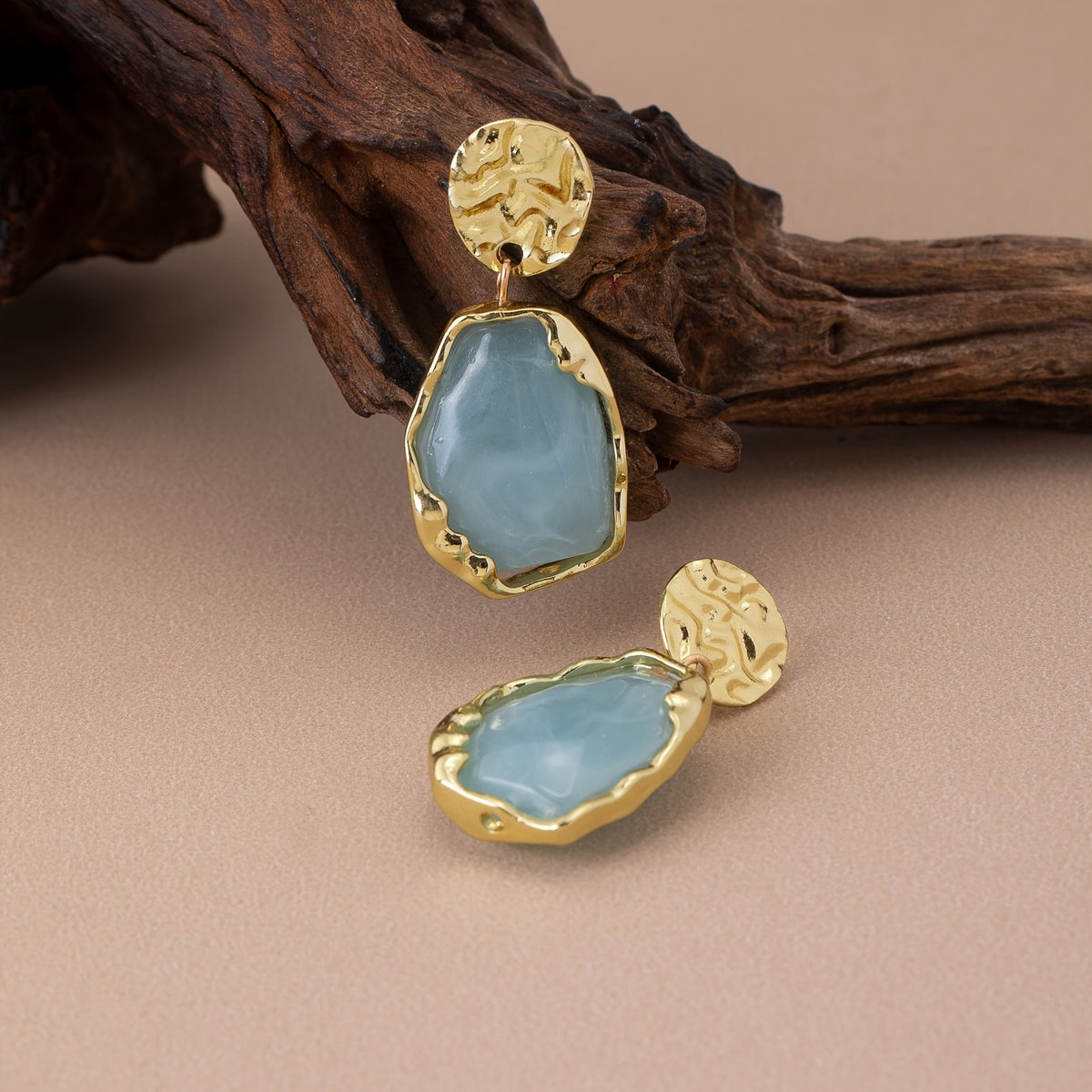 Hammered Disc & Stone Drop Earrings