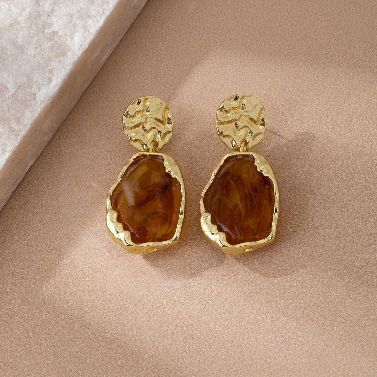 Hammered Disc & Stone Drop Earrings