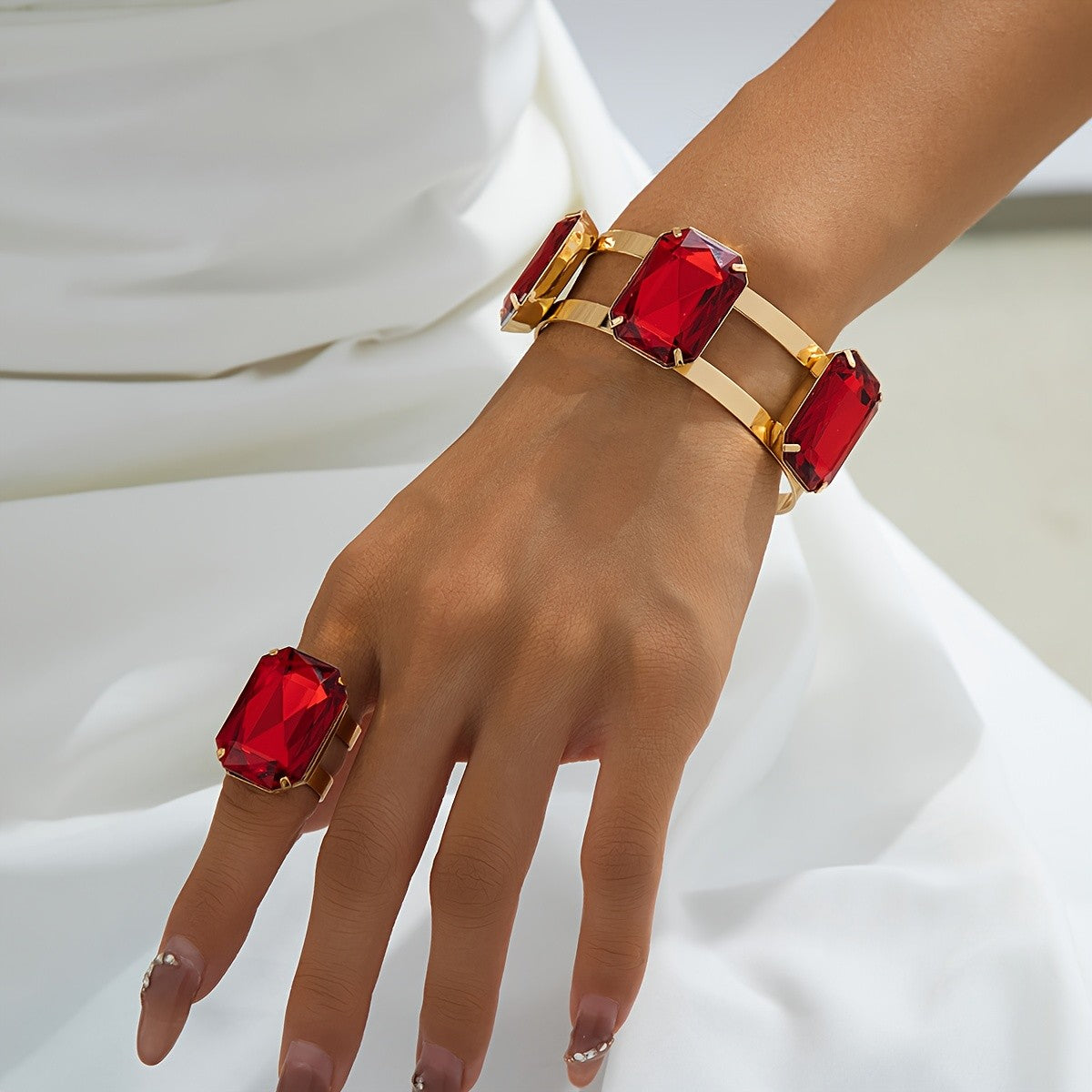 Red Square Stone Bracelet & Ring Set
