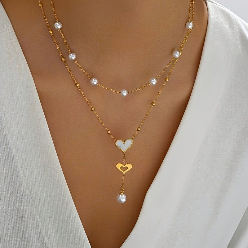 Double Heart & Pearl Layered Necklace