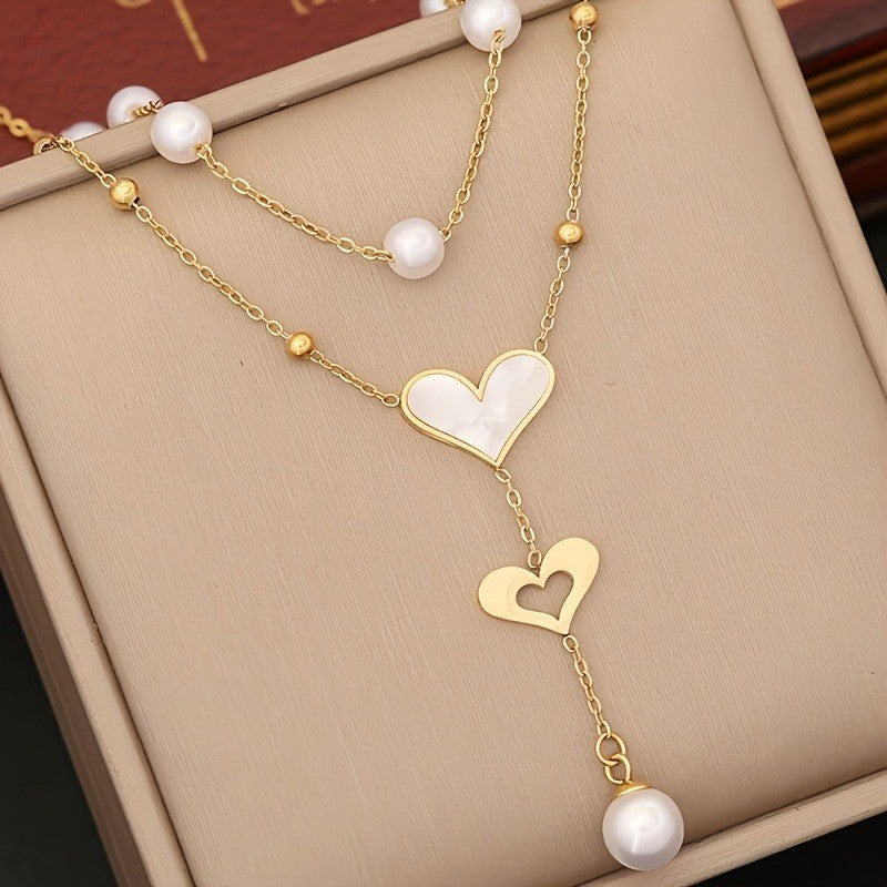 Double Heart & Pearl Layered Necklace