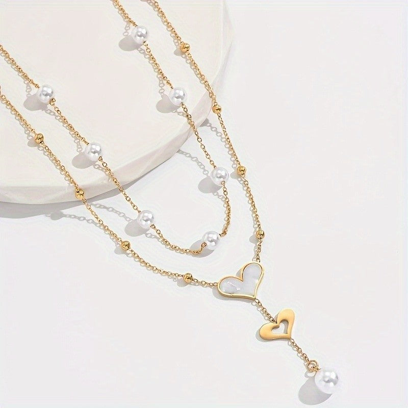 Double Heart & Pearl Layered Necklace