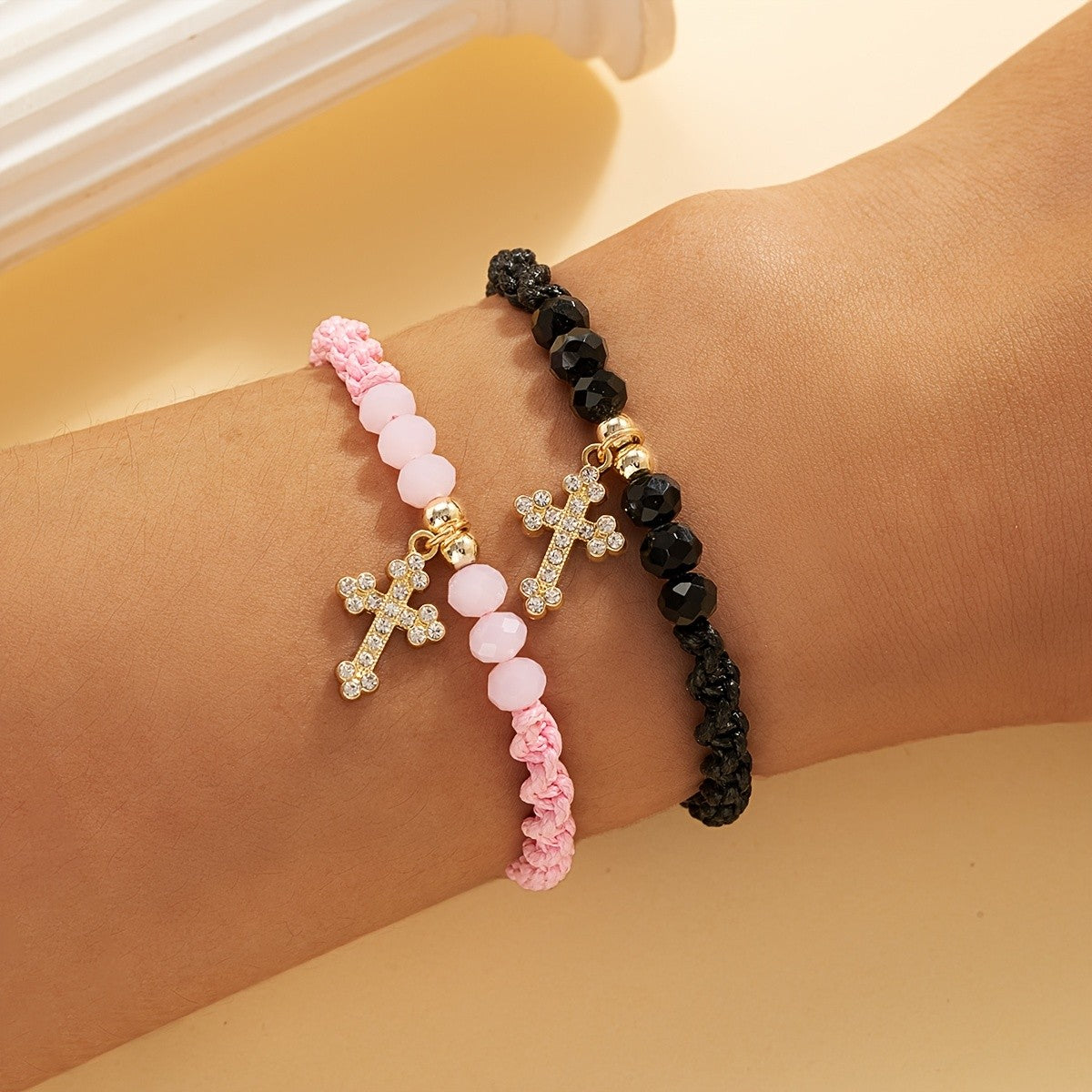 Rhinestone Cross Beaded Rope Bracelet Set