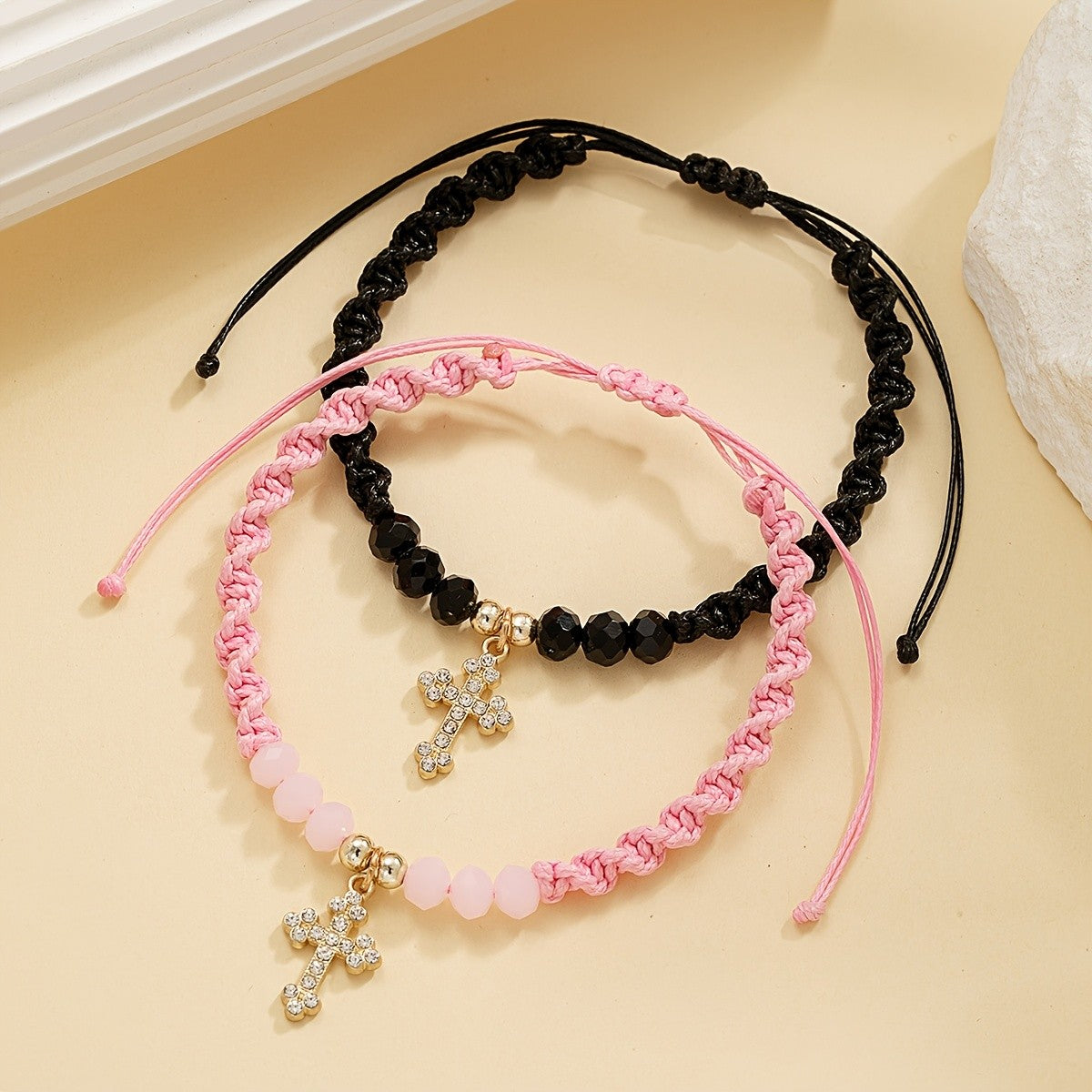 Rhinestone Cross Beaded Rope Bracelet Set