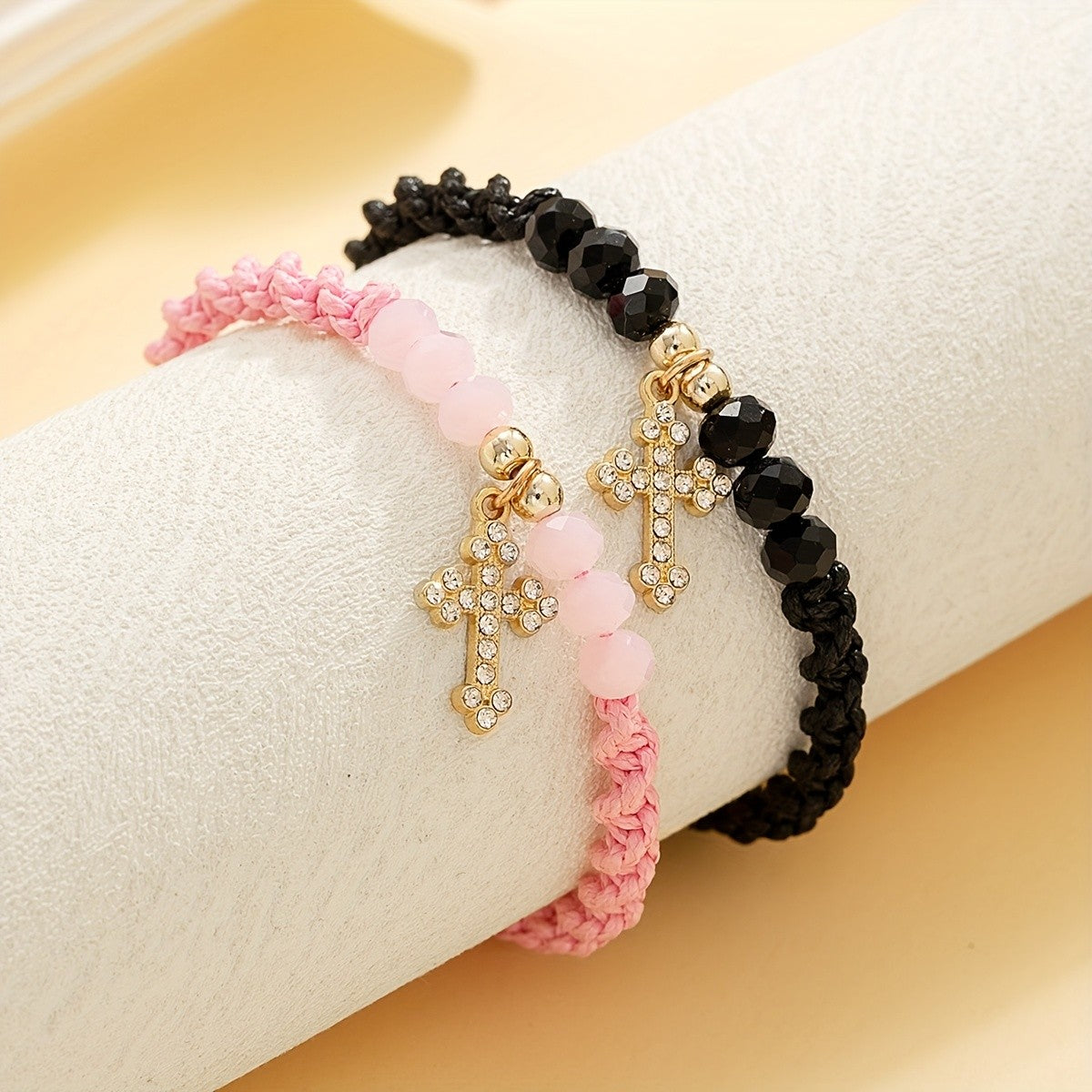 Rhinestone Cross Beaded Rope Bracelet Set