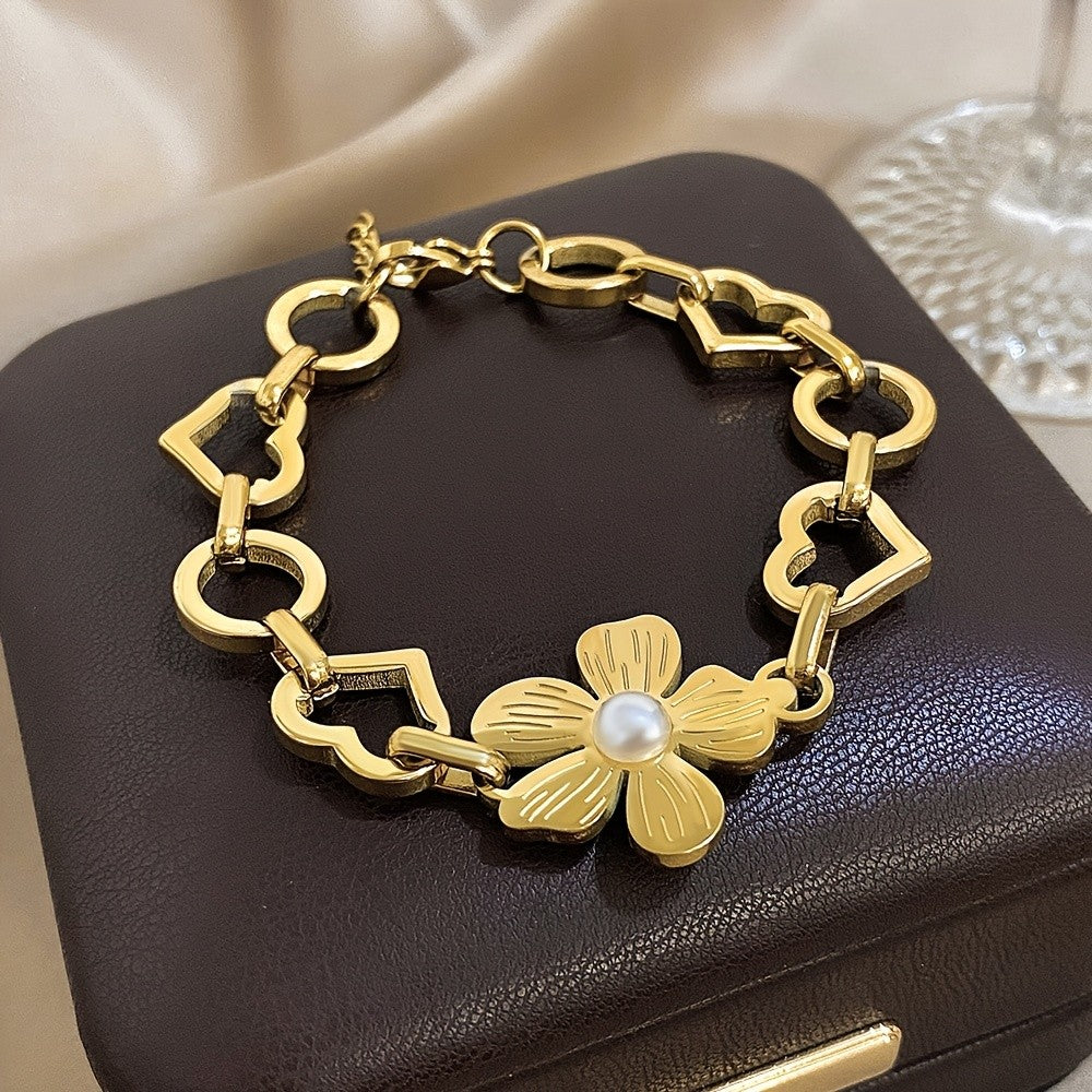 Floral Pearl Heart Link Bracelet