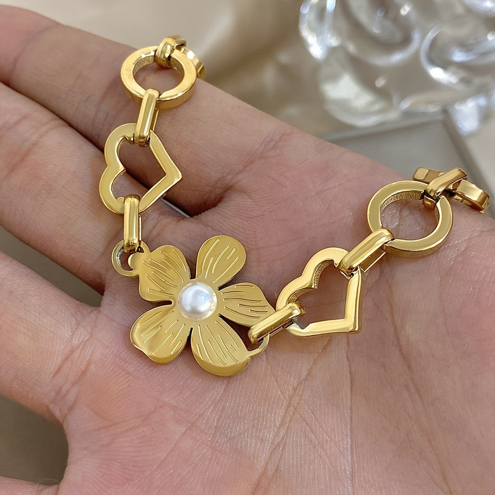 Floral Pearl Heart Link Bracelet