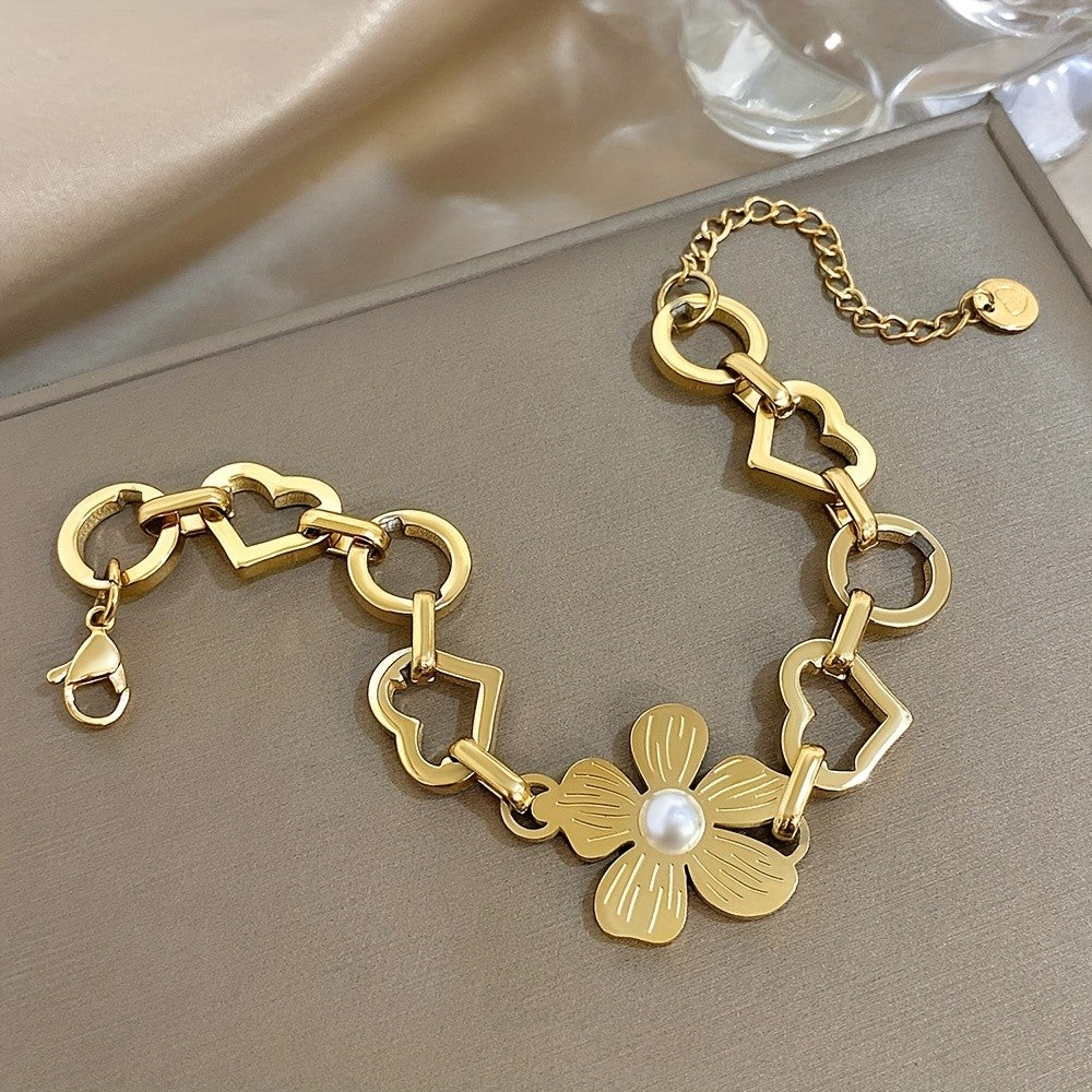 Floral Pearl Heart Link Bracelet