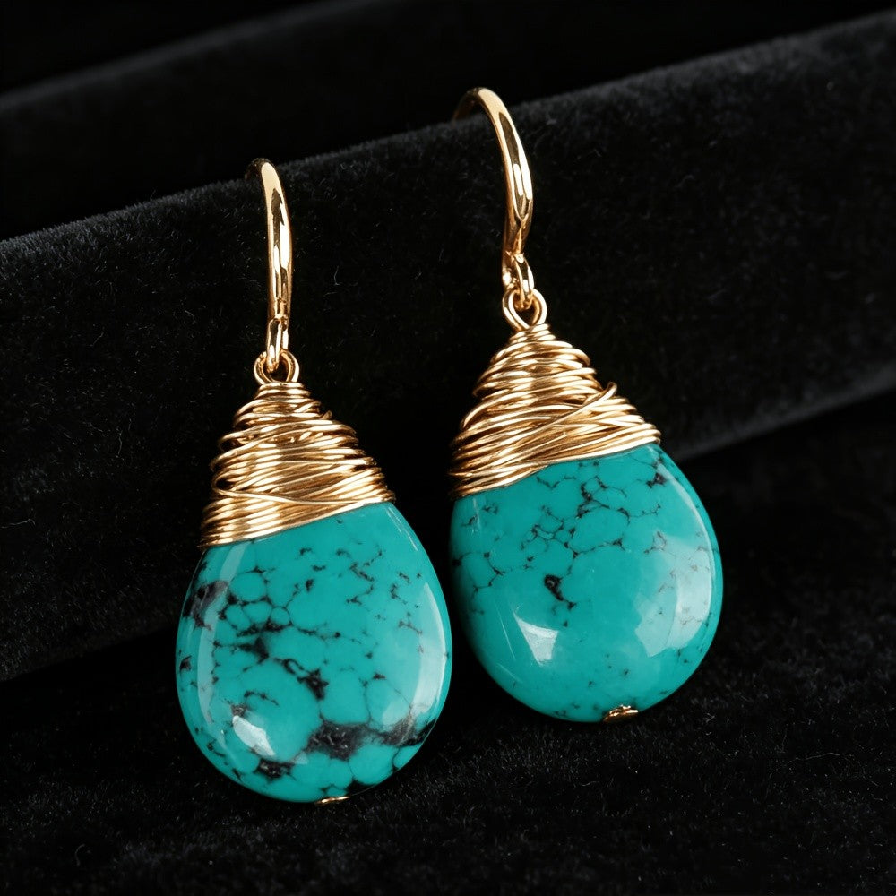 Teardrop Turquoise Wire Drop Earrings