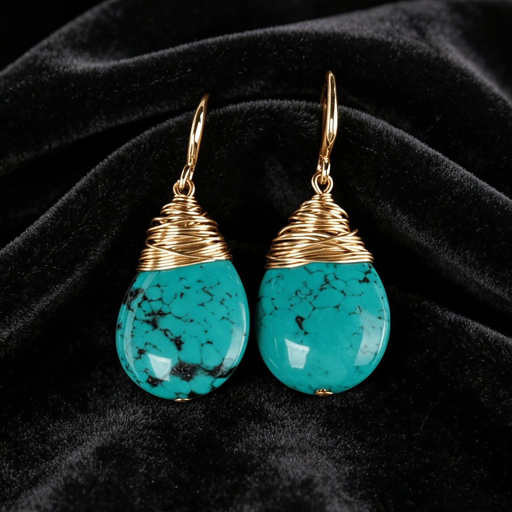 Teardrop Turquoise Wire Drop Earrings
