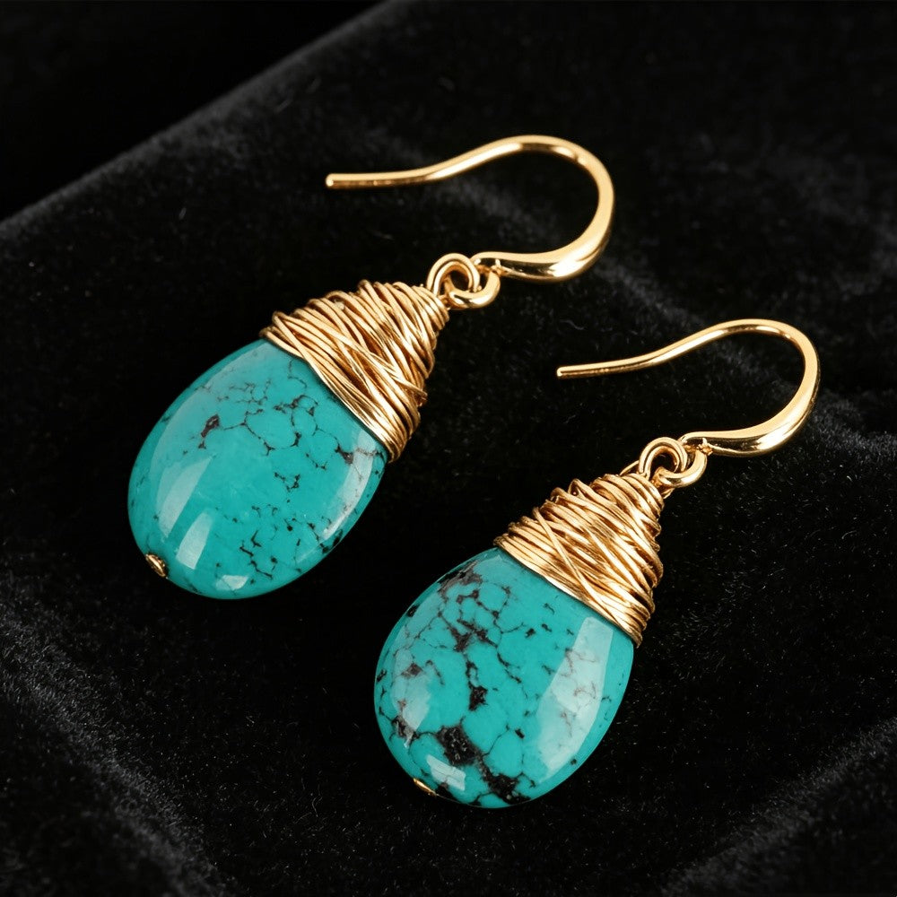 Teardrop Turquoise Wire Drop Earrings