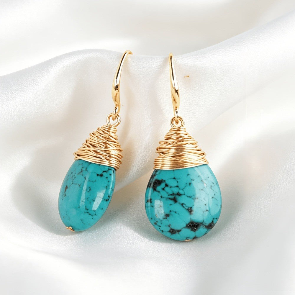 Teardrop Turquoise Wire Drop Earrings