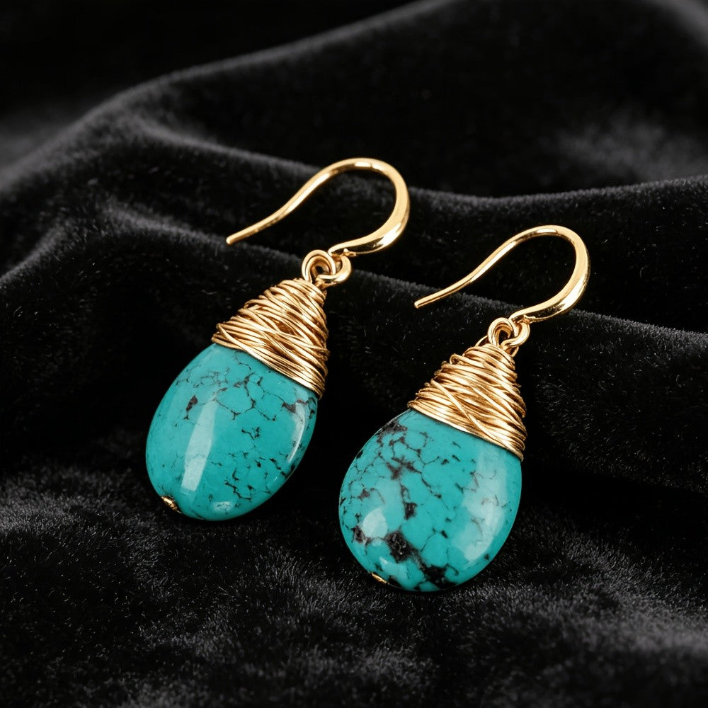 Teardrop Turquoise Wire Drop Earrings