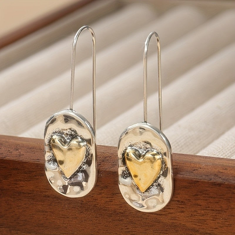 Two-Tone Textured Heart Drop Earrings
