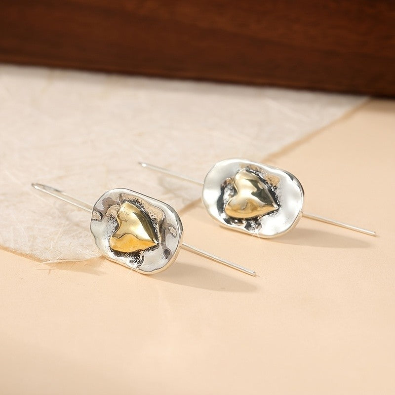 Two-Tone Textured Heart Drop Earrings