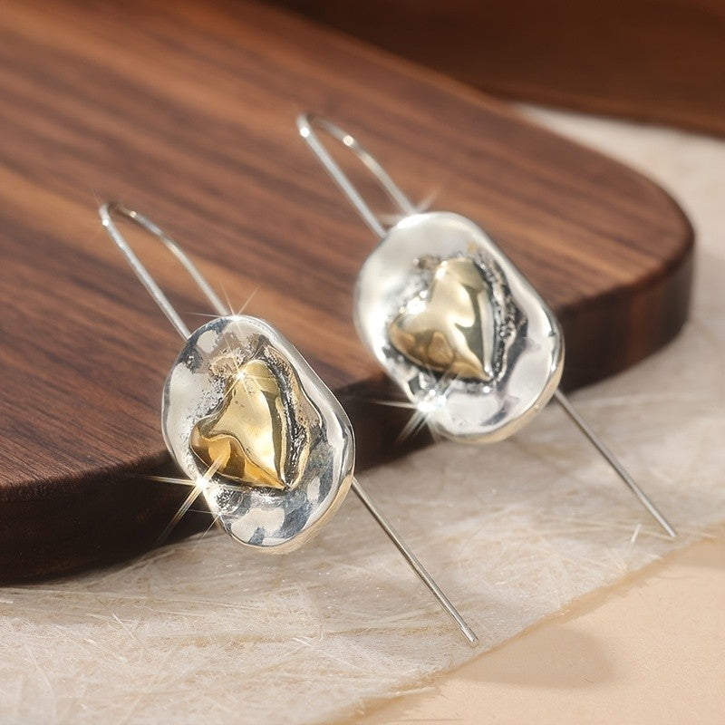 Two-Tone Textured Heart Drop Earrings