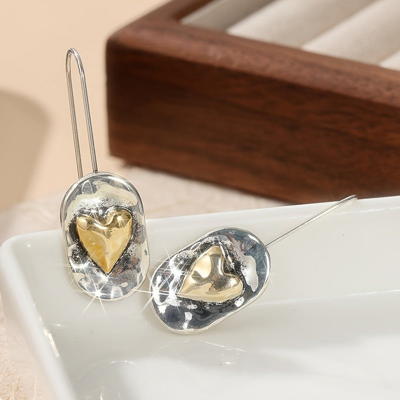 Two-Tone Textured Heart Drop Earrings