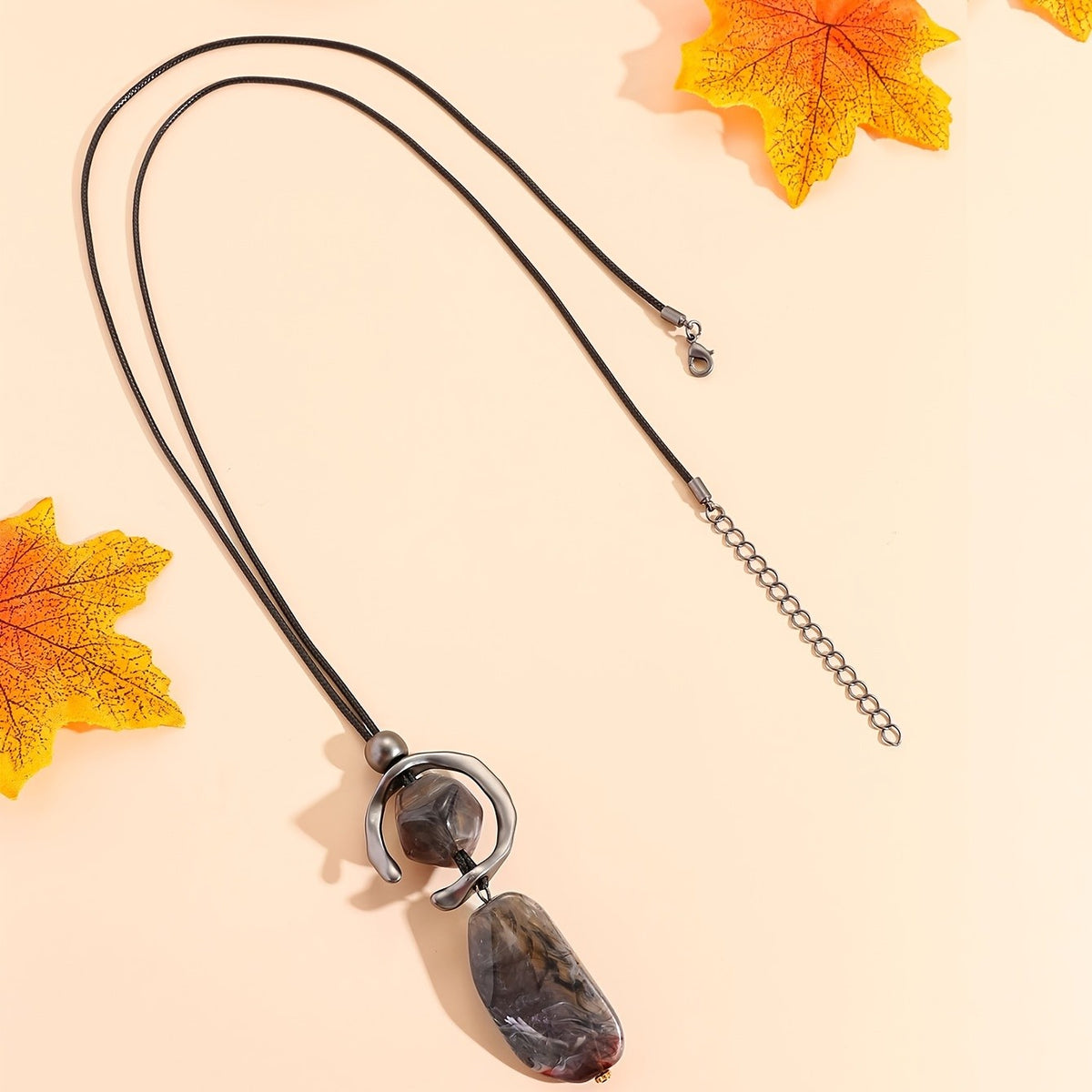 Gunmetal Geometric Resin Pendant Necklace