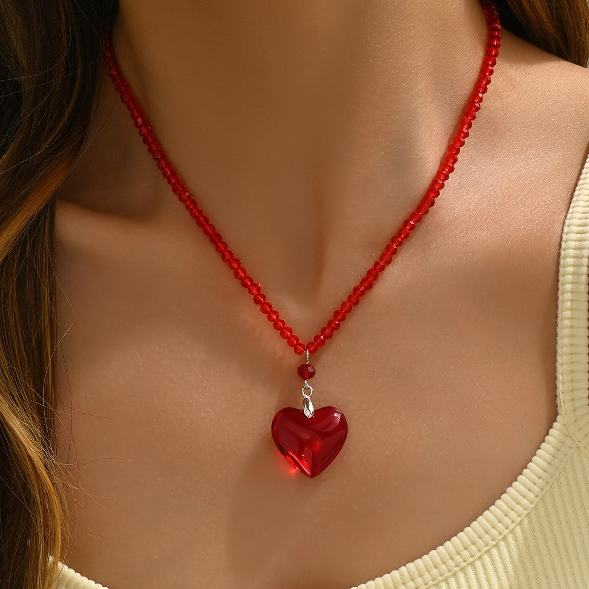 Red Glass Heart Beaded Necklace