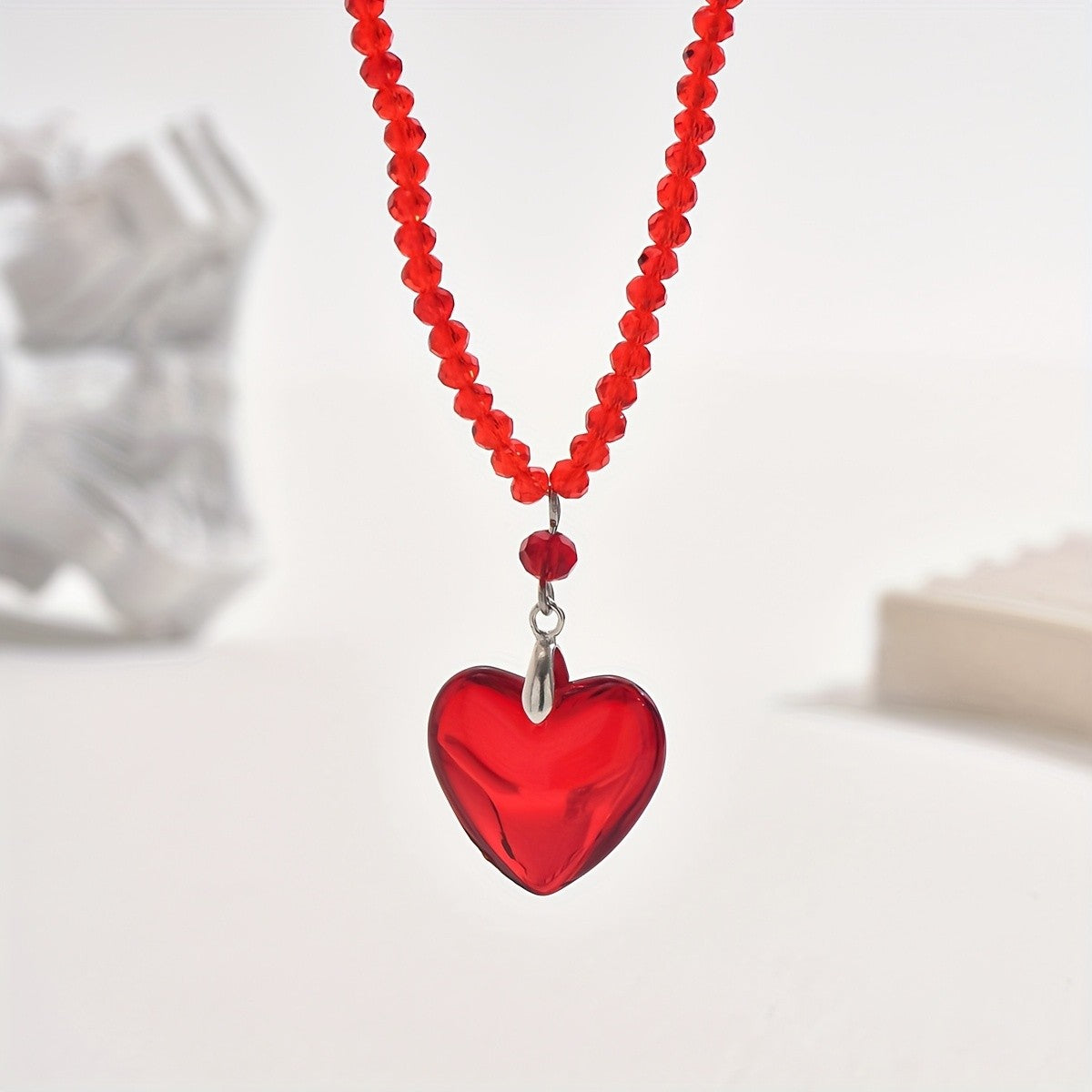 Red Glass Heart Beaded Necklace