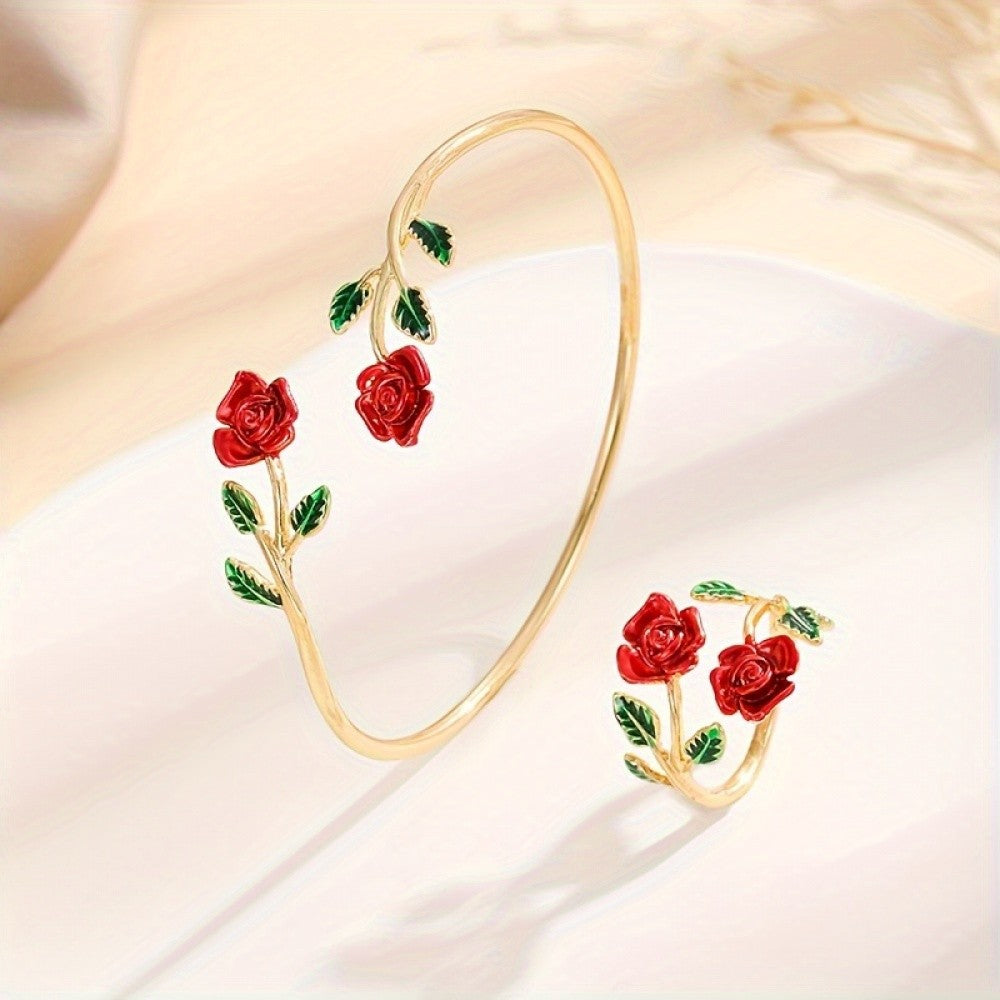 Red Rose Flower Bracelet & Ring Set