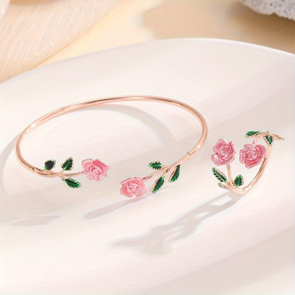 Red Rose Flower Bracelet & Ring Set