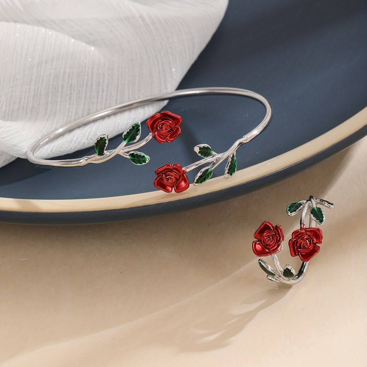 Red Rose Flower Bracelet & Ring Set