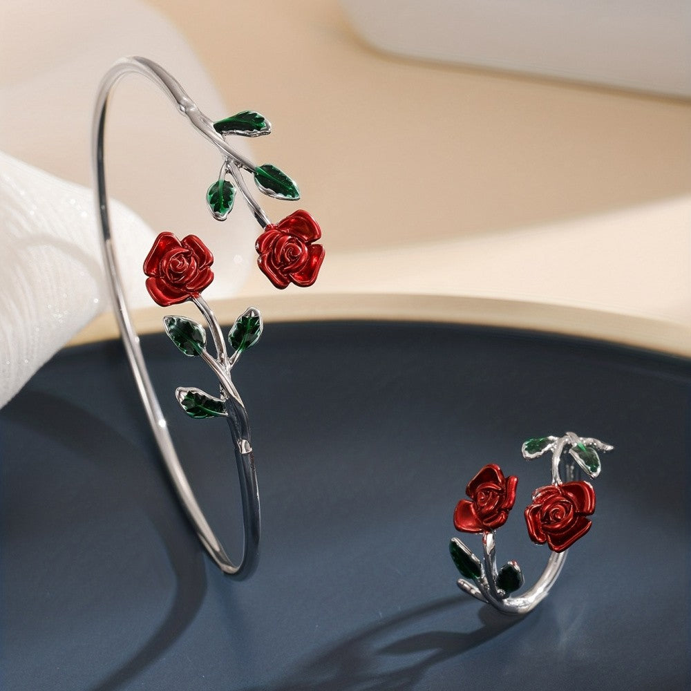 Red Rose Flower Bracelet & Ring Set