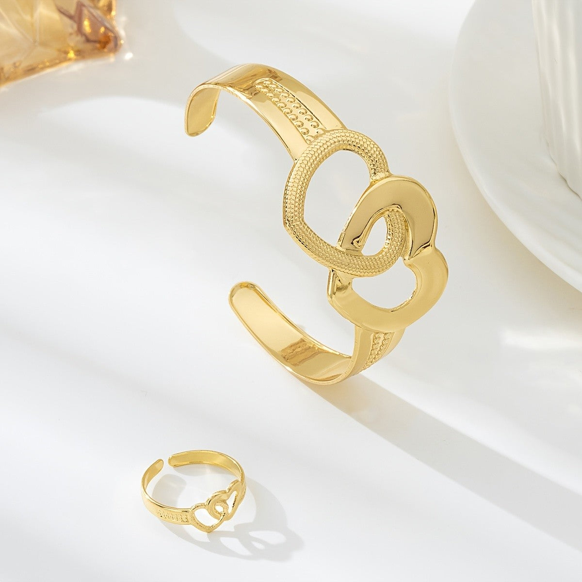 Interlocking Heart Cuff Bracelet & Ring Set