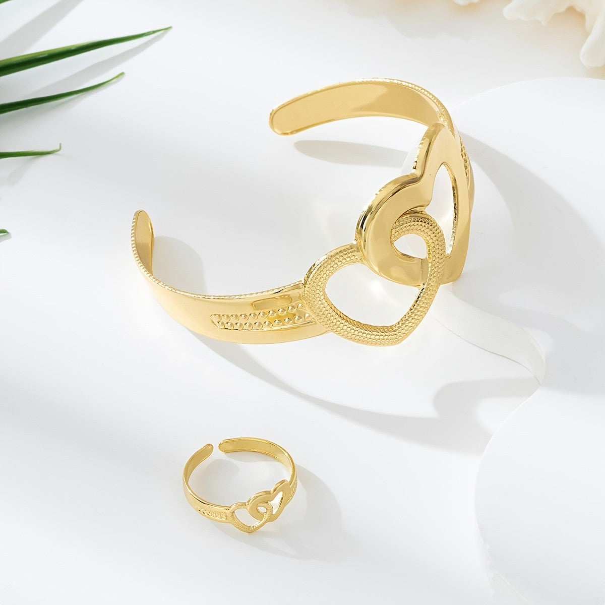 Interlocking Heart Cuff Bracelet & Ring Set