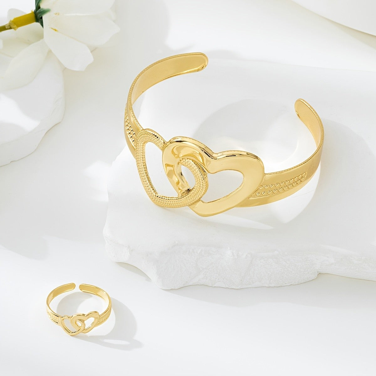 Interlocking Heart Cuff Bracelet & Ring Set