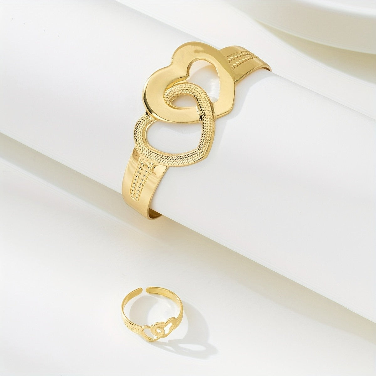 Interlocking Heart Cuff Bracelet & Ring Set