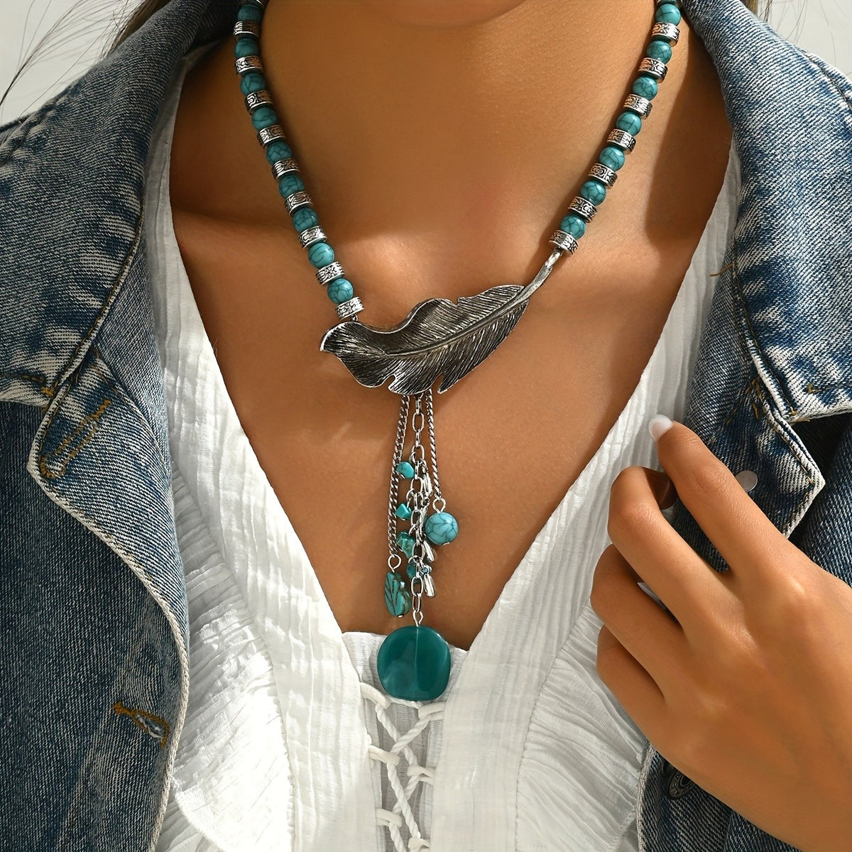Turquoise Feather Dangle Necklace