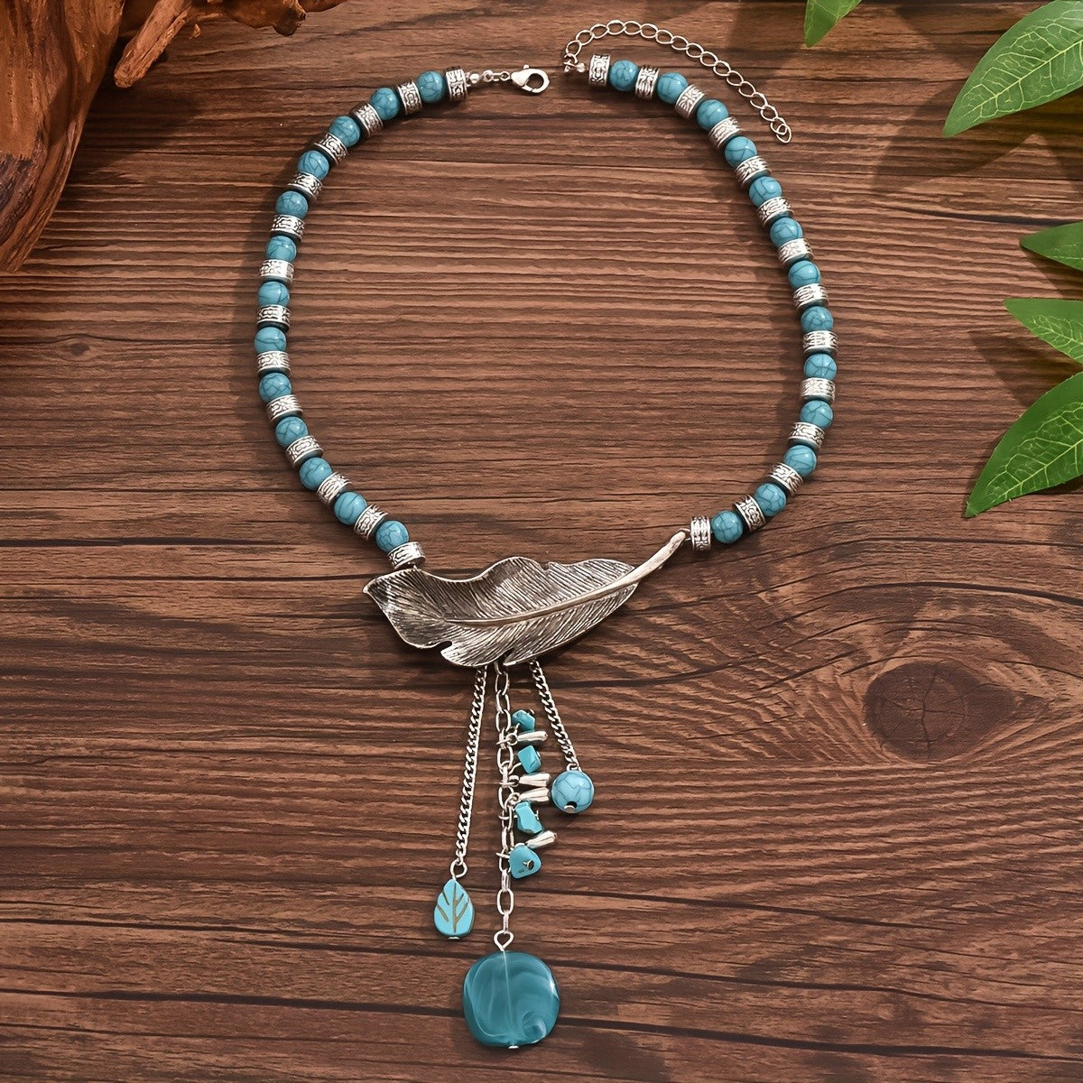 Turquoise Feather Dangle Necklace