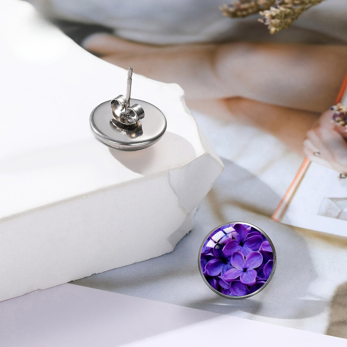 Purple Hydrangea Glass Dome Stud Earrings