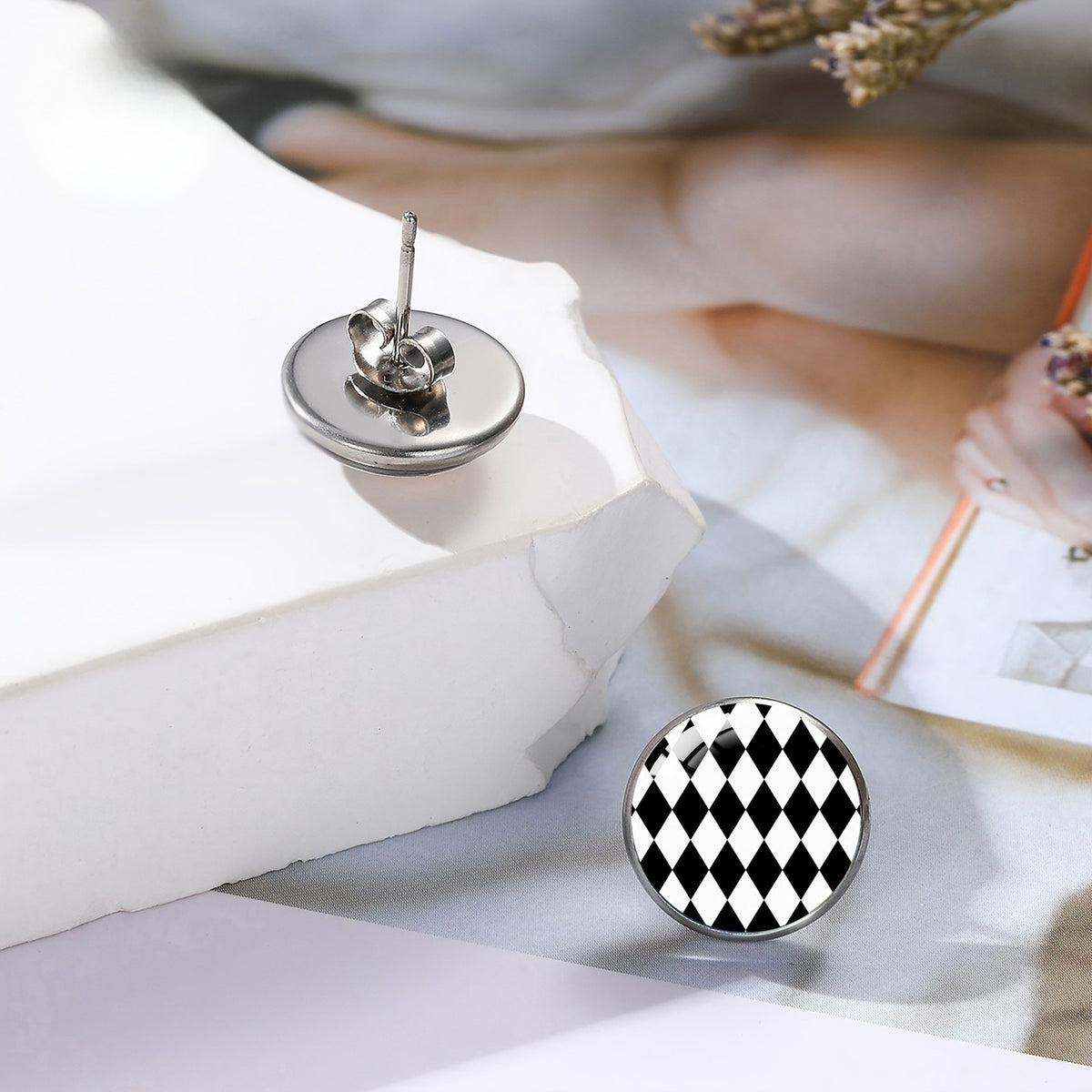 Black & White Checkerboard Stud Earrings