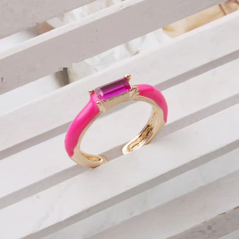 Enamel Baguette Stone Adjustable Ring